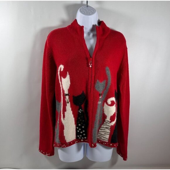 Coldwater‎ Creek Red Bejeweled Cats Kitchy Zip Sweater Jacket Size L - Picture 2 of 16